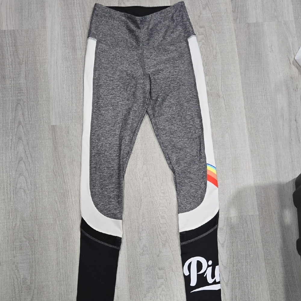 Victoria's Secret Pink/ Gray and Black Leggings with Rainbow Stripe